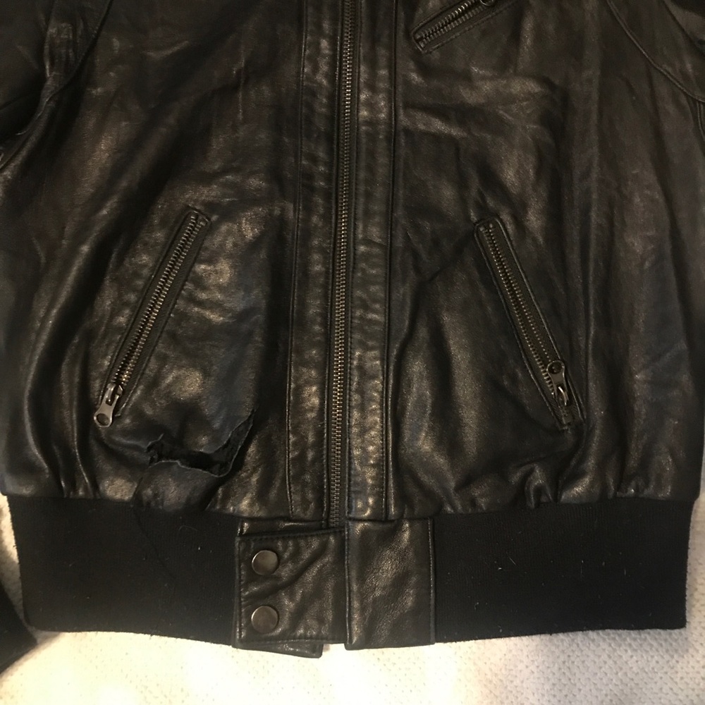 Black Leather Moto Jacket with Zippers and Snaps - Picture 6 of 7